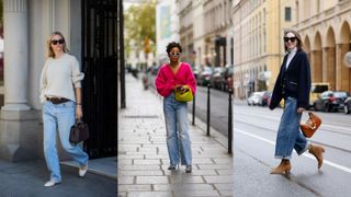 A composite of street style influencers showing how to style baggy jeans with a sweater