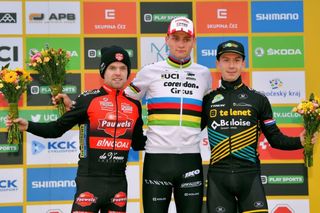 Pauwels Sauzen-Bingoal's Eli Iserbyt (left) could only finish second to Mathieu van der Poel (Corendon-Circus) at the Tabor round of the 2019/20 UCI Cyclo-Cross World Cup, but retained his overall lead in the competition