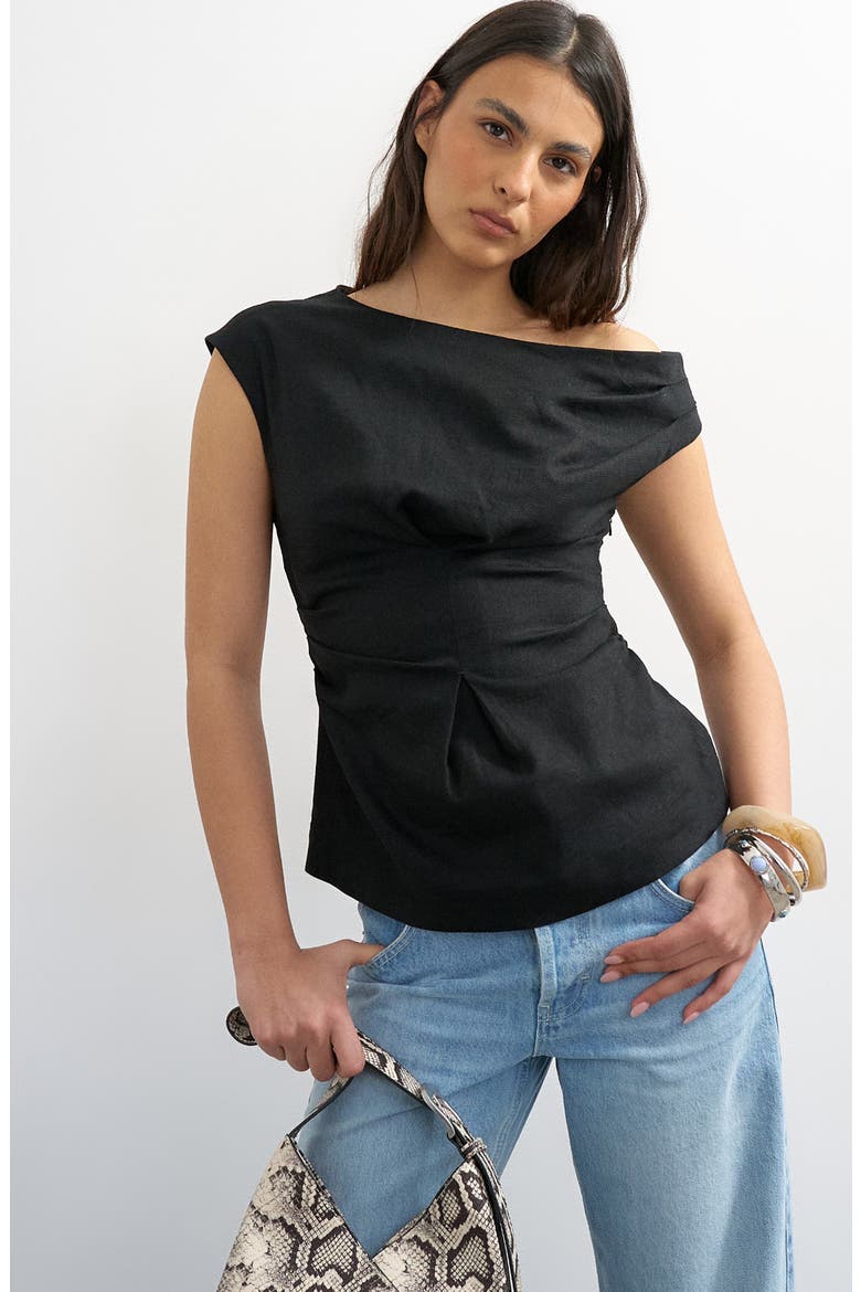 Off the Shoulder Ruched Pleat Waist Top