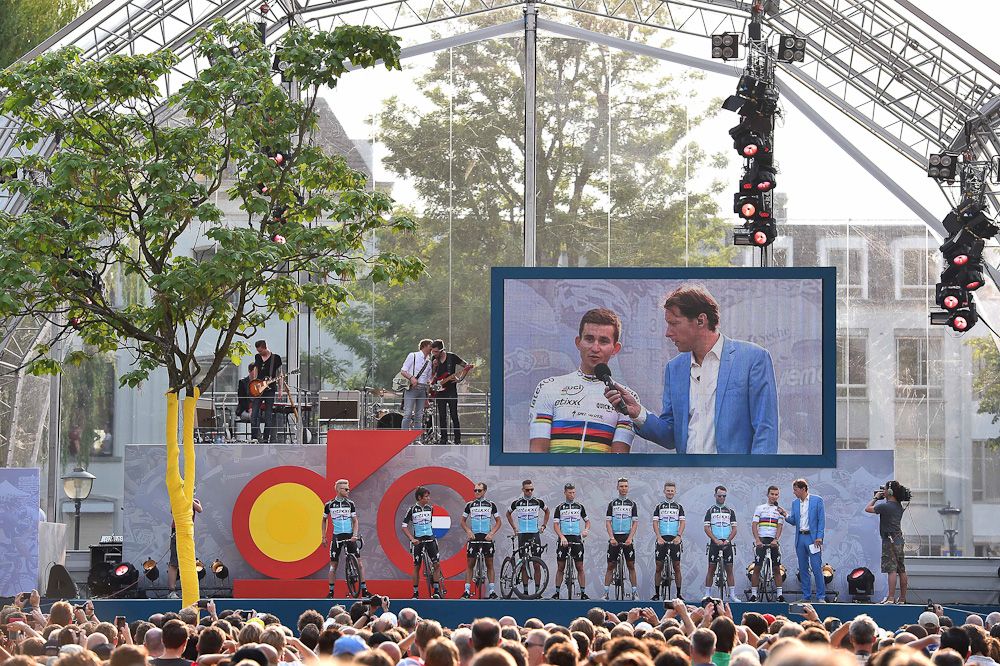 Michal Kwiatkowski is interviewed during the 2015 Tour de France team presentation in Utrecht