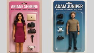 Action Dolls in plastic bubble packs featuring Ariane Sherine and Adam Juniper – created by Ariane Sherine using chat GPT