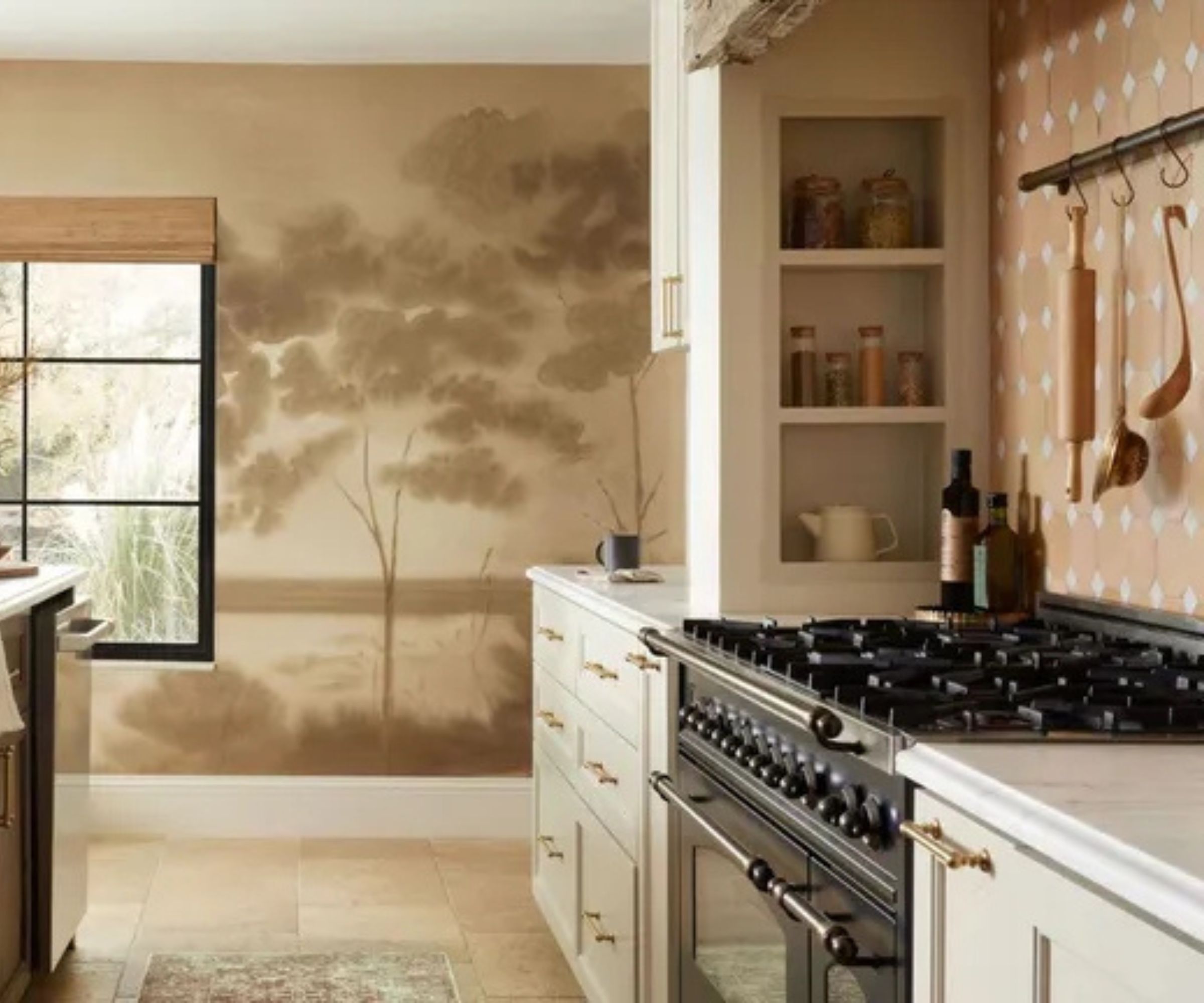 white wayfair kitchen with a beige wall mural