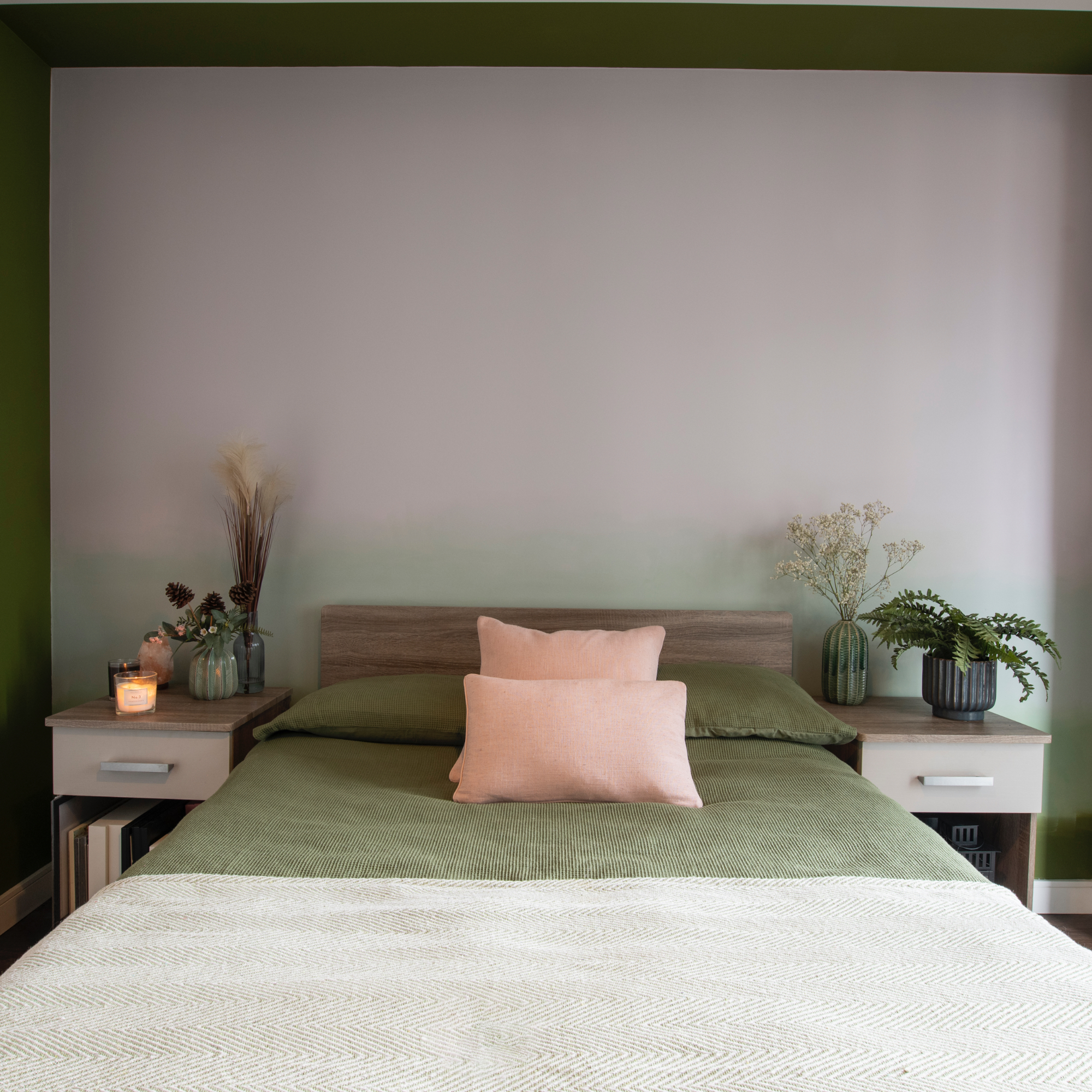 green bedroom with ombre wall