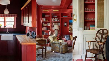 red kitchen, red living room, red shelving 