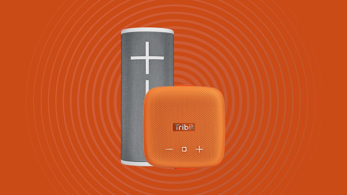 Tribit Stormbox Micro 2 and Ultimate Ears Boom 3 bluetooth speakers on orange background