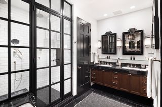 modern black bathroom with crittall shower door