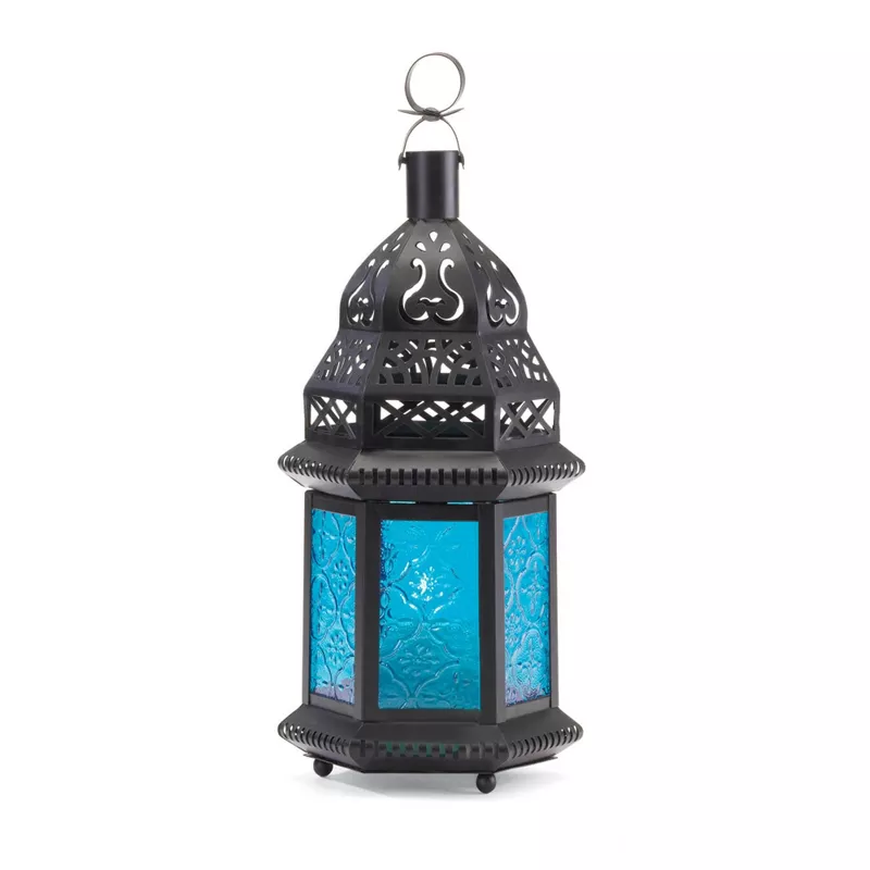 10.25&quot; Iron/glass Moroccan Style Outdoor Lantern Blue - Zingz &amp;amp; Thingz
