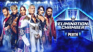 Numerous top wrestlers in a promotional image ahead of the WWE Elimination Chamber 2024 live stream.