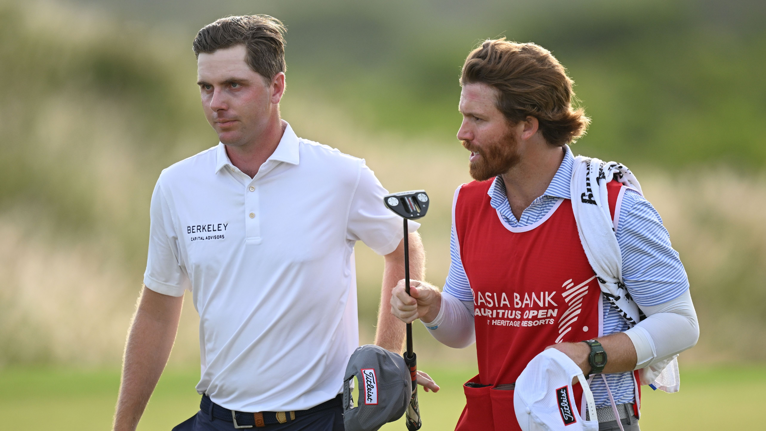 Ryan Gerard and his caddie at the AfrAsia Bank Mauritius Open on the DP World Tour