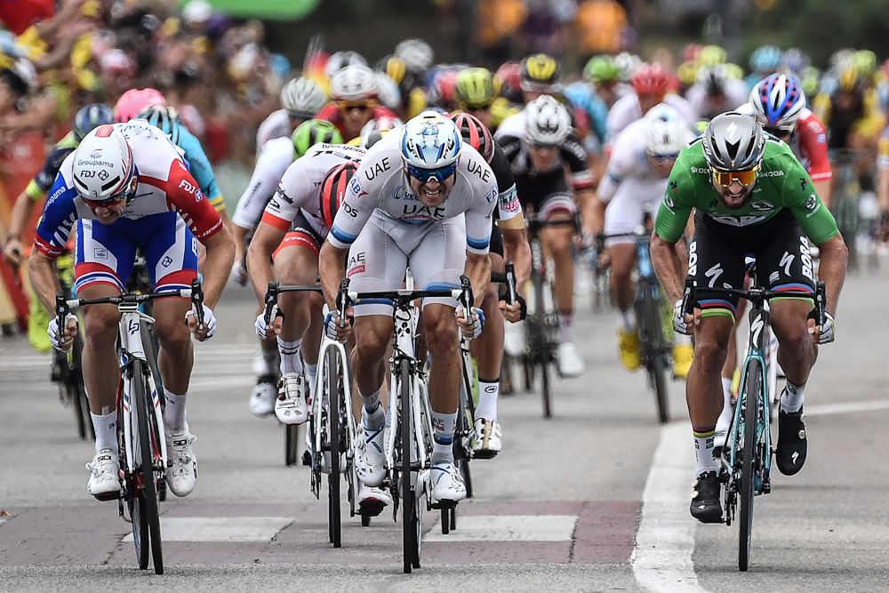 Arnaud Demare, Alexander Kristoff and Peter Sagan surge for the line at the end of stage 13