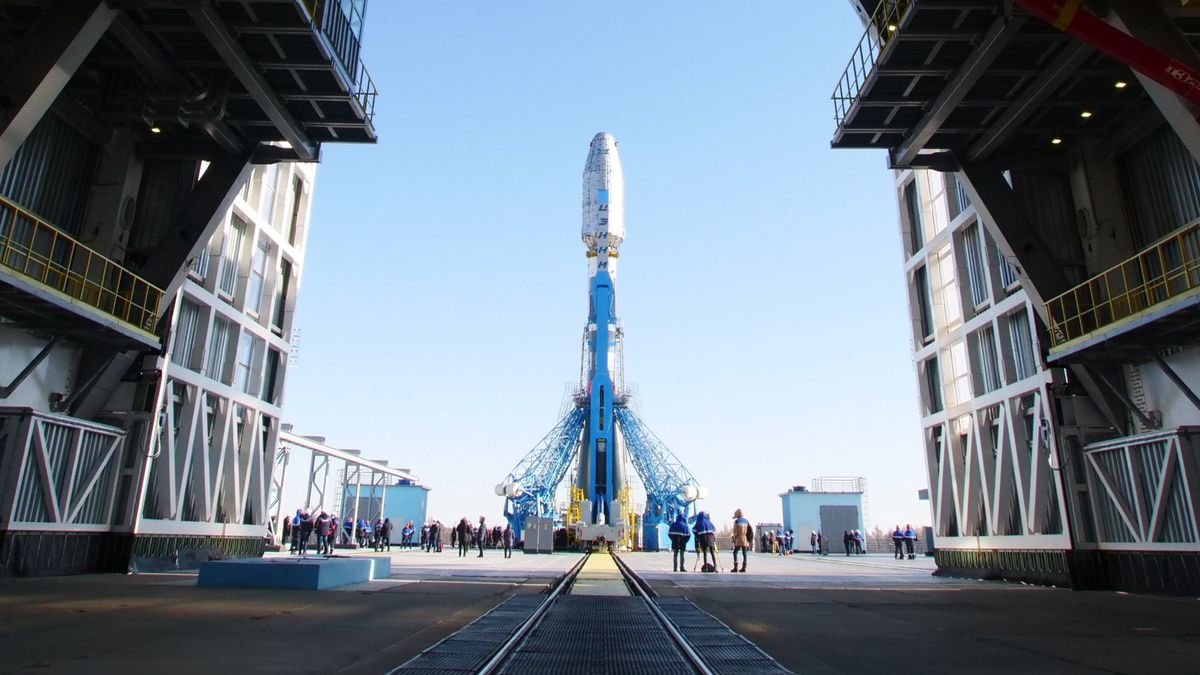 A Soyuz rocket arrives at the launch pad at the Vostochny Cosmodrome in Siberia ahead of a planned launch of 36 OneWeb satellites on March 24, 2021.