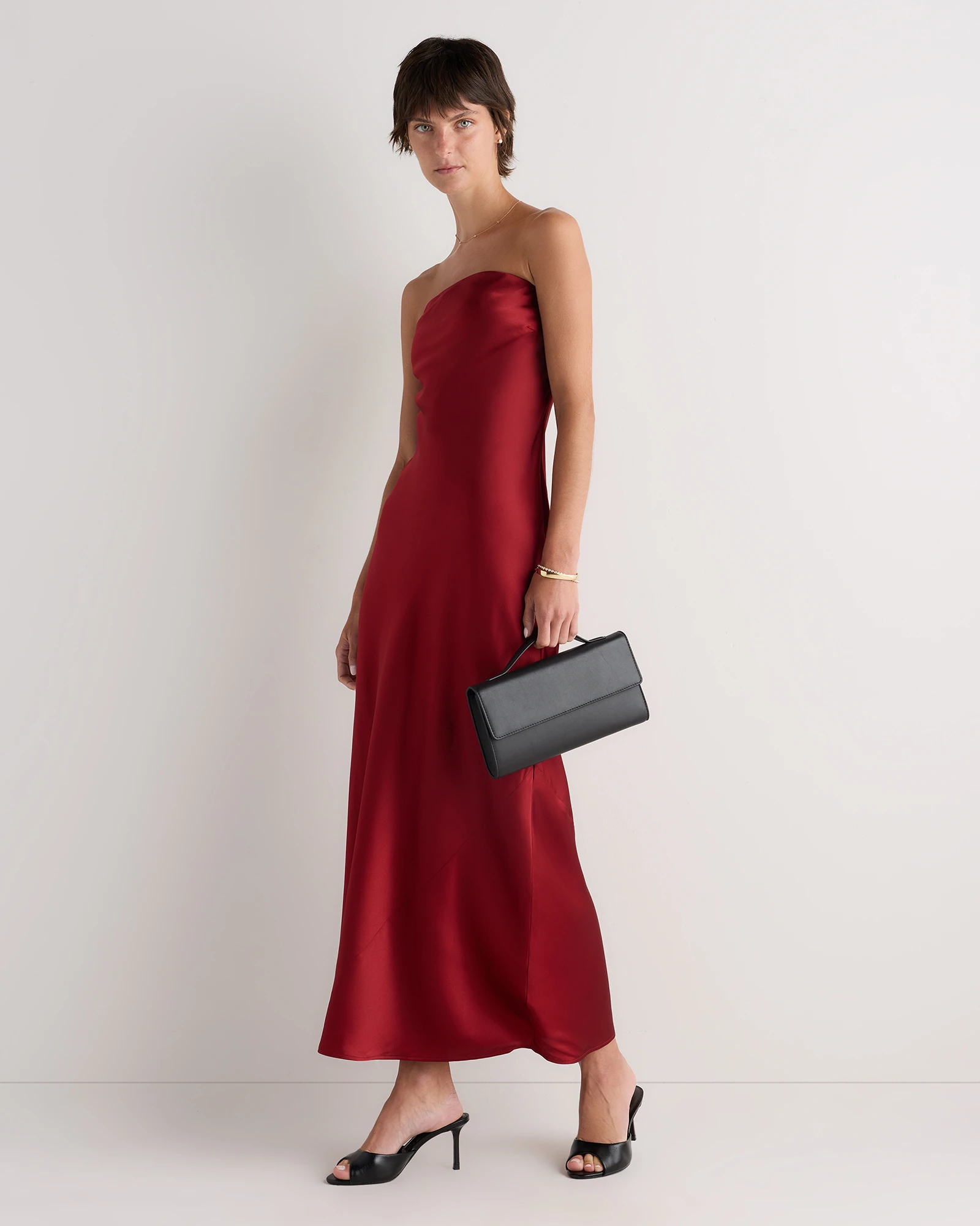 100% Washable Silk Strapless Midi Dress in Clay Red