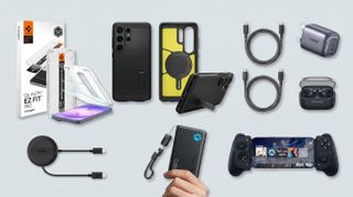 A collage of Samsung Galaxy S26 Ultra accessories, including a case, usb cable, earbuds, charger, screen protector, power bank and gaming controller.