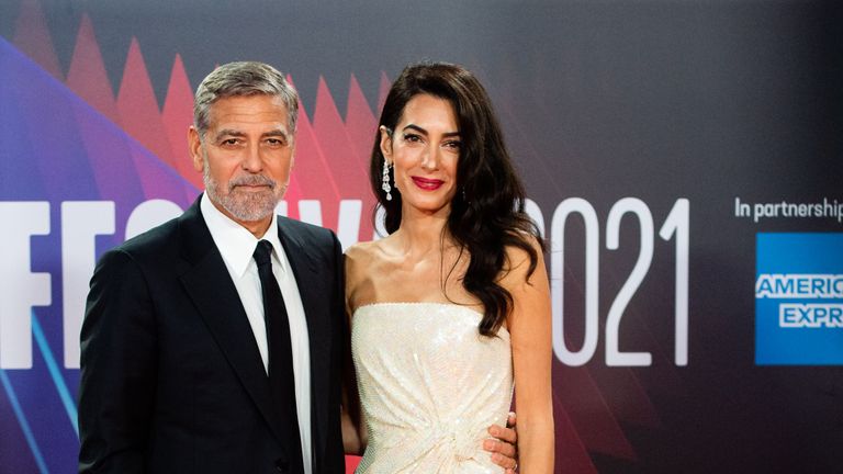 london, england october 10 george clooney and amal clooney attend "the tender bar" premiere during the 65th bfi london film festival at the royal festival hall on october 10, 2021 in london, england photo by jeff spicergetty images for bfi