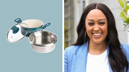 Spice Kitchenware Teal Dutch Oven next to Tia Mowry in a blue suit