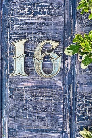 brass door numbers on a rustic blue door with green foliage