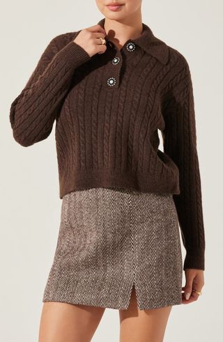 Jewel Button Cable Polo Sweater