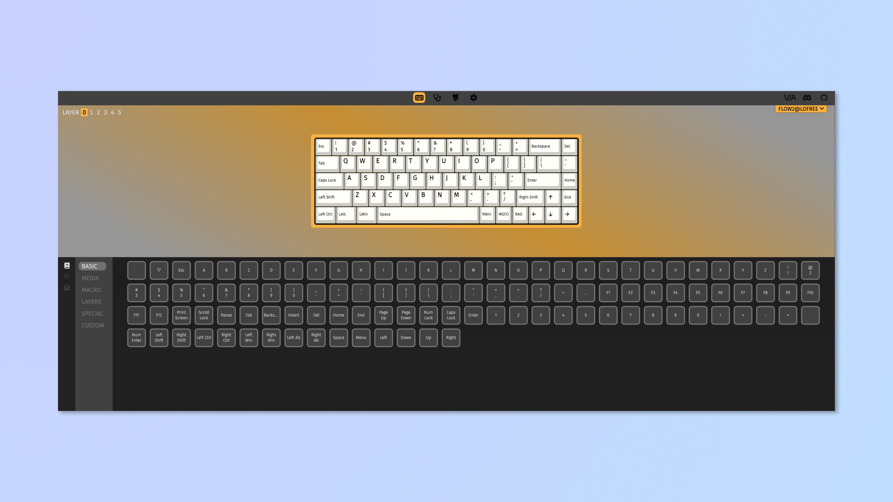 A screenshot of the Lofree Flow 2 being customized on the VIA web app