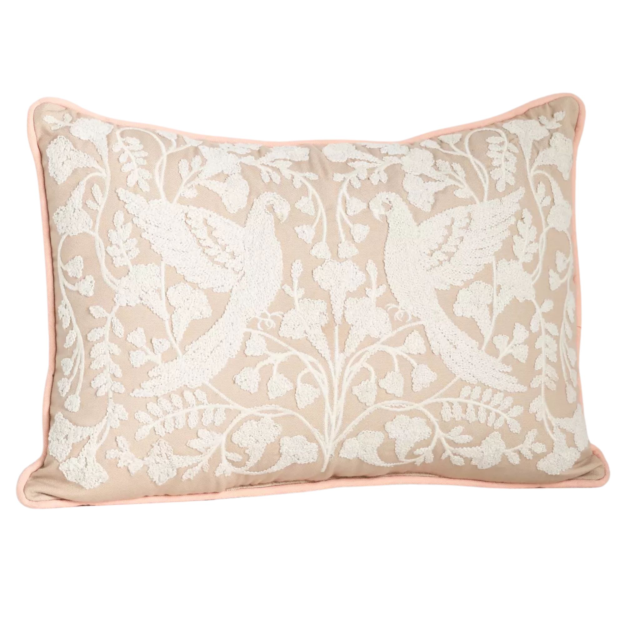 Neutral cushion with white bird embroidery