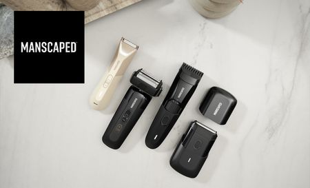 Manscaped logo top left with 4 sets of shavers for men 