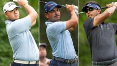 Sampson Zheng, Miguel Tabuena and Sarit Suwannarut hit golf shots