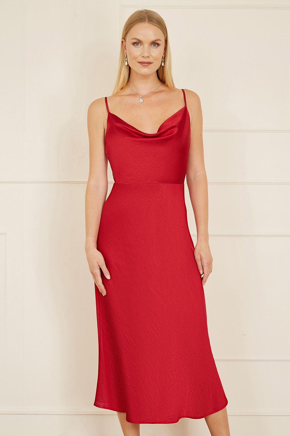 Red Satin Cowl Neck Midi Dress