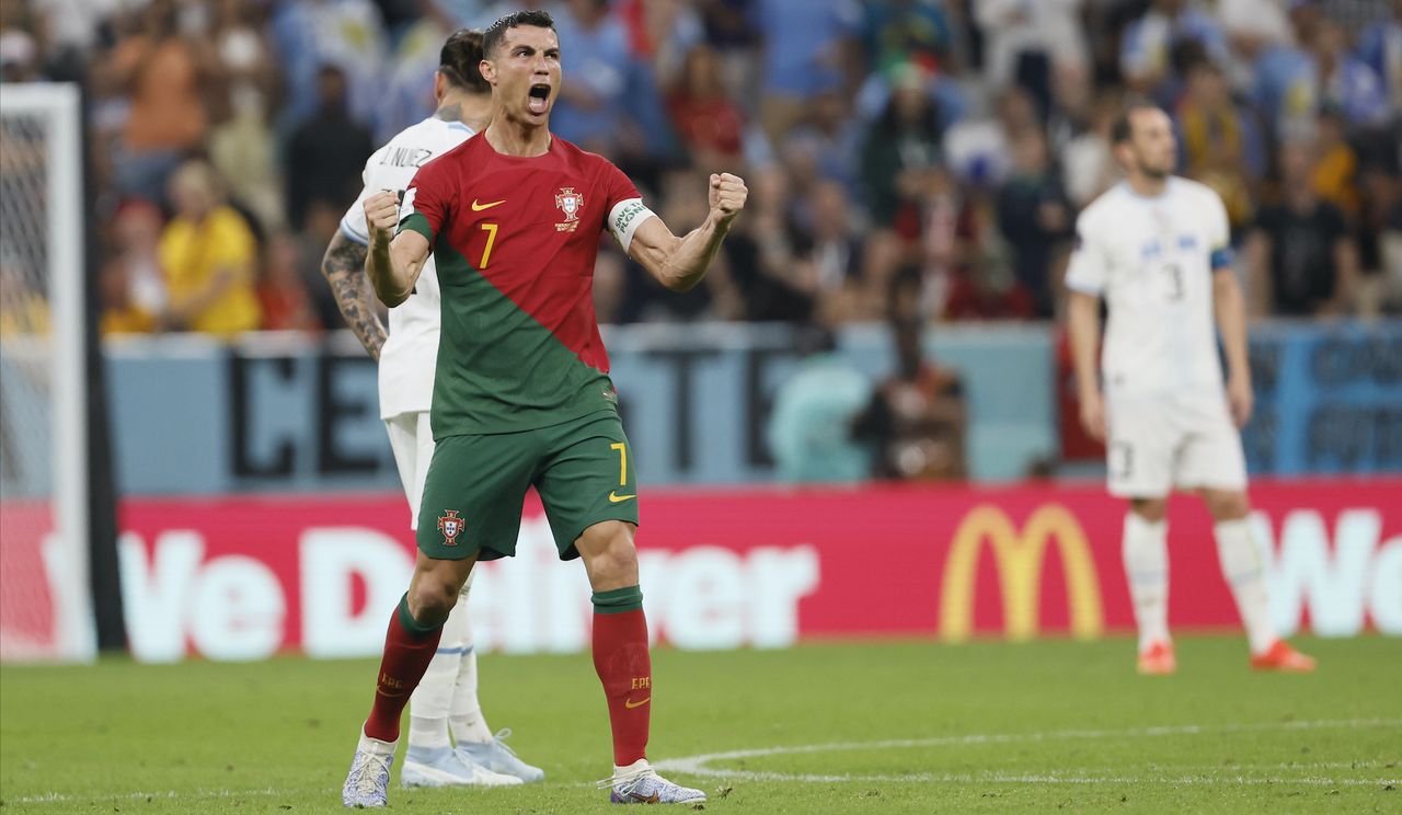 Cristiano Ronaldo of Portugal celebrates 1st goal during the FIFA World Cup Qatar 2022 Group H match between Portugal v Uruguay at Al Janoub Stadium 