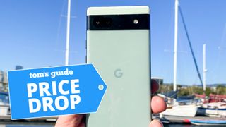 Google Pixel 6a held in front of marina
