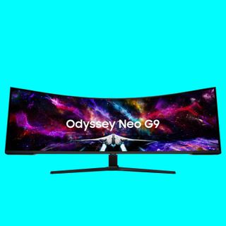 Samsung Odyssey Neo G9 G95NC gaming monitor against a coloured background