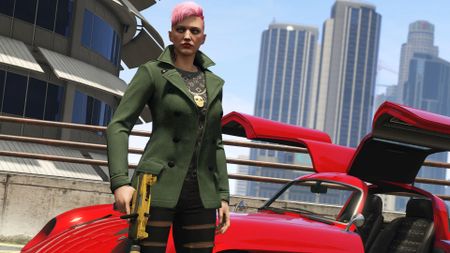 GTA Online screenshot showing a woman with pink hair and a green coat holding a gun in front of an expensive red car