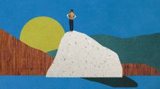 Collage illustration of a man standing alone at the top of a rock overlooking the water