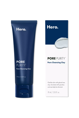 A tube of Hero Pore Purity pore cleansing clay set against a white background.