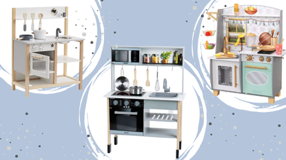 collection of wooden toy kitchens on a blue background in the Cyber Monday deals