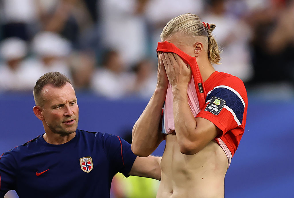 Erling Haaland #9 of Norway reacts after the 1-2 loss during the FIFA World Cup 2026 Quarter Final match between Norway and England at Miami Stadium on July 11, 2026 in Miami Gardens, Florida.