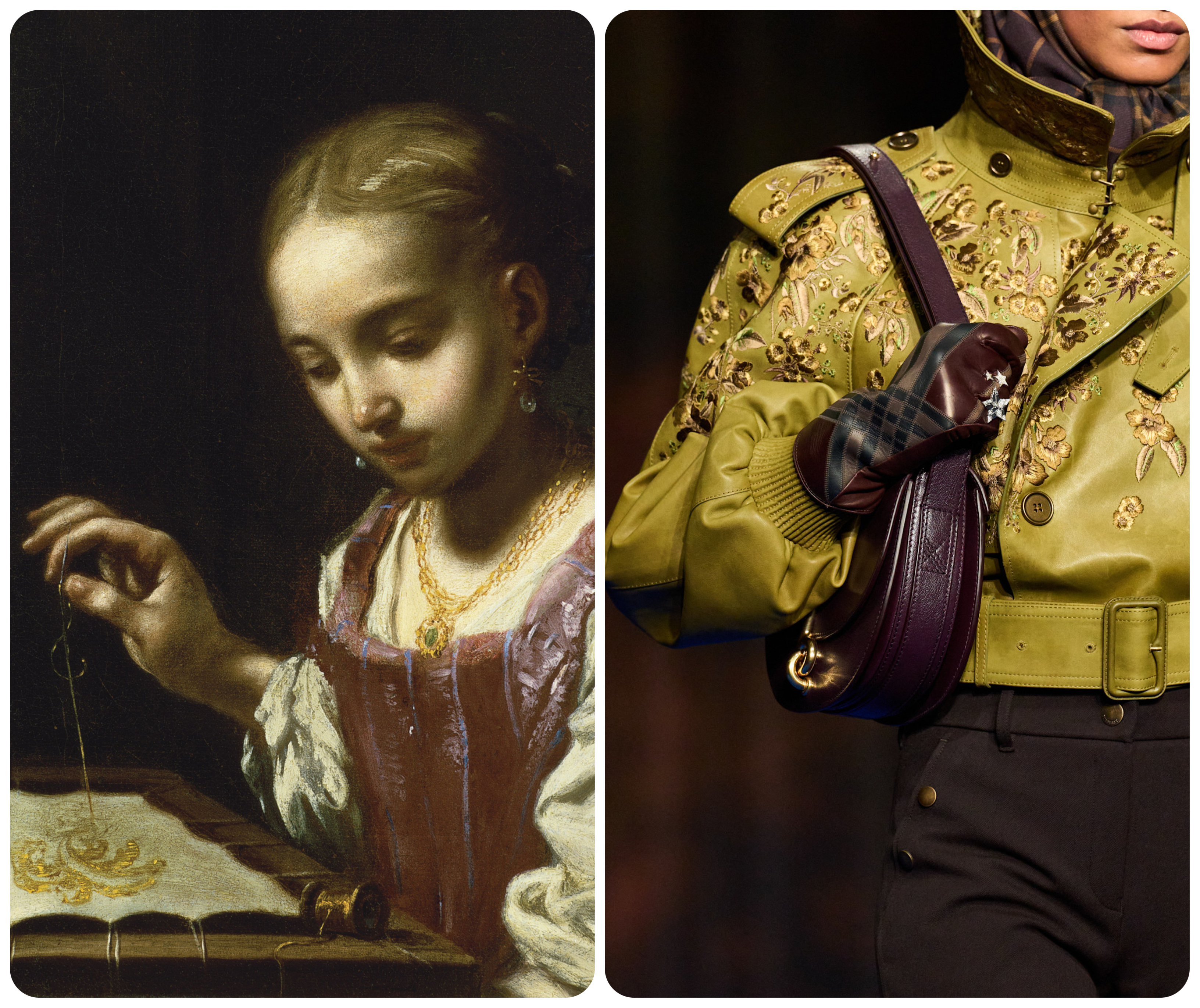 Girl Sewing, Found in the collection of Thyssen-Bornemisza Collections, and a gold embroidered jacket from Burberry Fall 2025