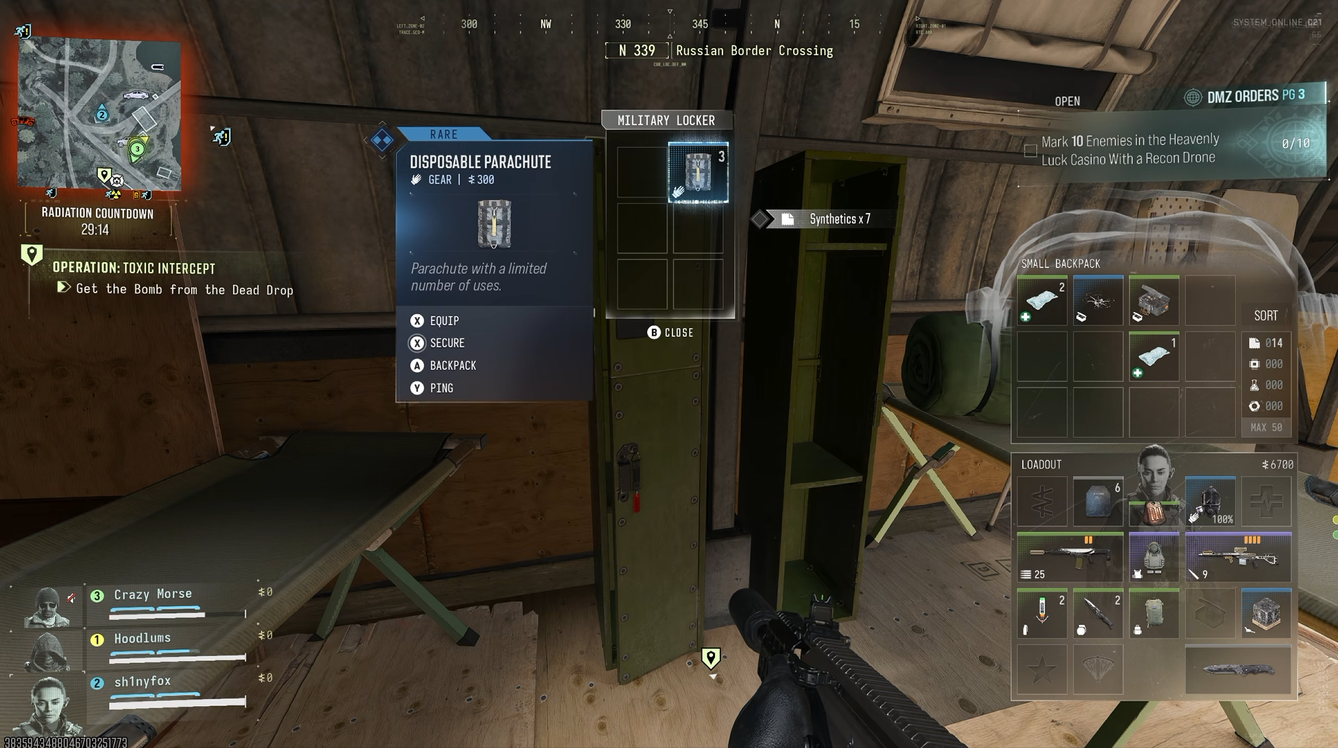 A screenshot from Call of Duty: Modern Warfare 4 DMZ showing a disposable parachute being looted from a locker.