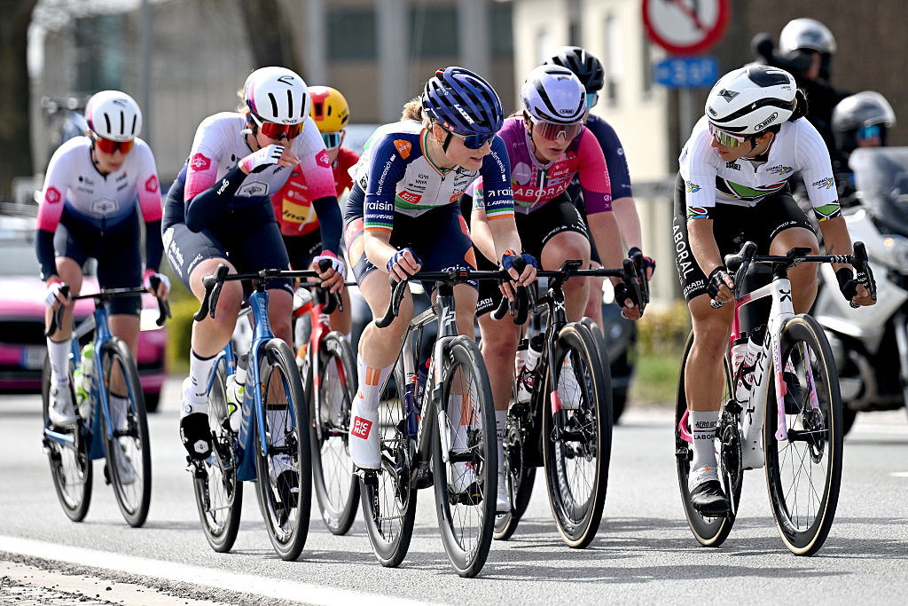 WAREGEM, BELGIUM - APRIL 01: (L-R) Mia Griffin of Ireland and Team Picnic PostNL and Catalina Anais Soto of Chile and Team Laboral Kutxa - Fundacion Euskadi compete during the 14th Dwars door Vlaanderen 2026 - Women's Elite a 128.8km one day race from Waregem to Waregem / #UCIWWT / on April 01, 2026 in Waregem, Belgium. (Photo by Luc Claessen/Getty Images)
