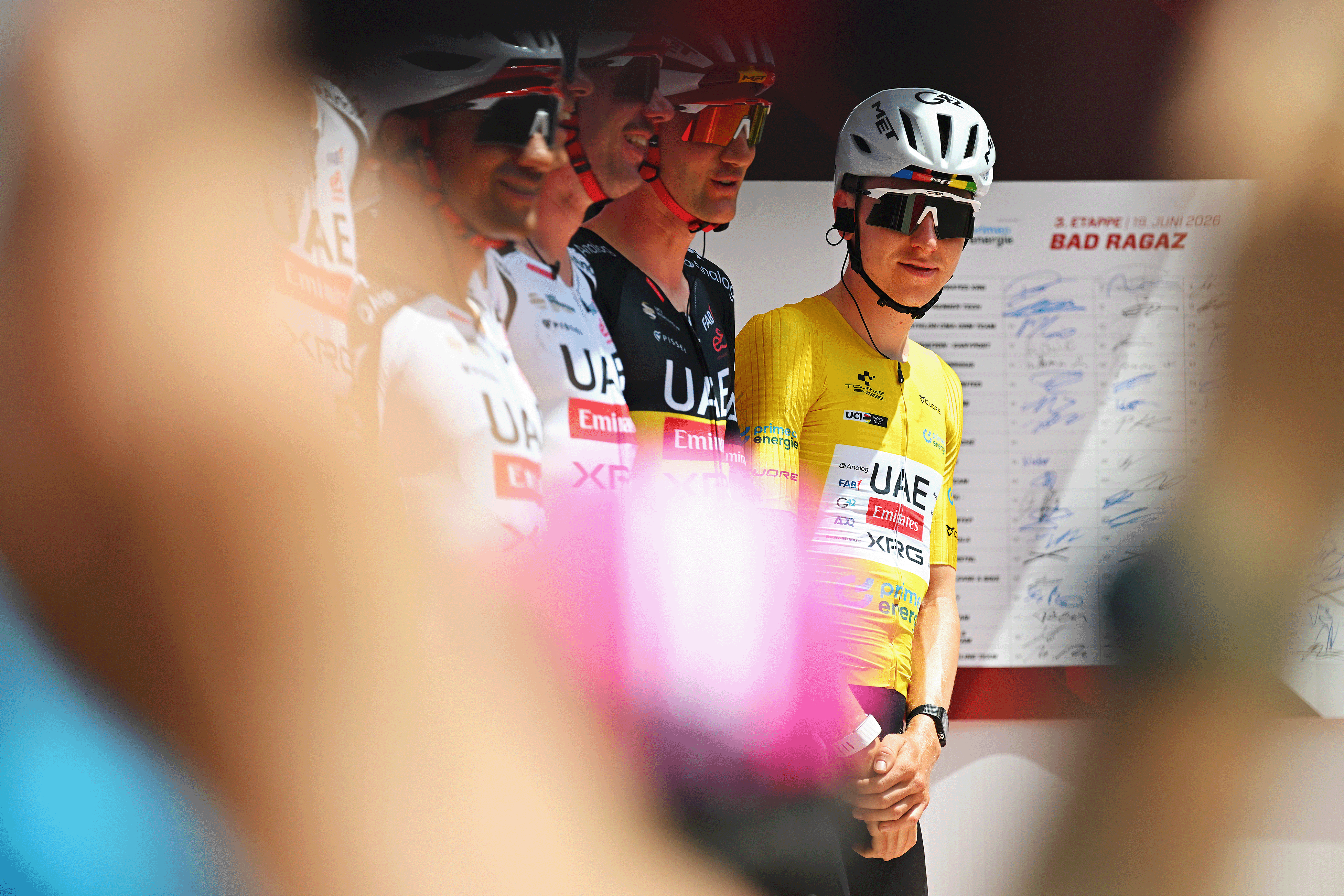 BAD RAGAZ, SWITZERLAND - JUNE 19: Tadej Pogacar of Slovenia and UAE Team Emirates - XRG - Yellow Leader Jersey prior to the 89th Tour de Suisse 2026, Stage 3 a 157.4km stage from Bad Ragaz to Bad Ragaz / #UCIWT / on June 19, 2026 in Bad Ragaz, Switzerland. (Photo by Tim de Waele/Getty Images)