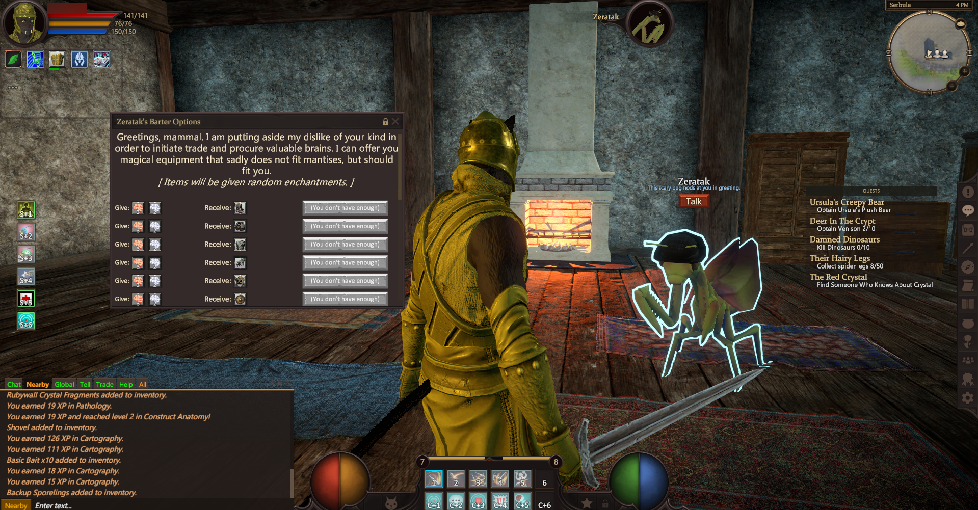 An adventurer talks to a psychic mantis with a snazzy hat in Project: Gorgon.