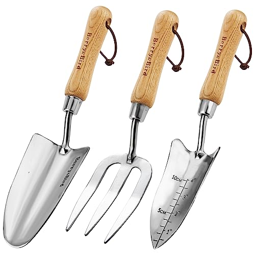 Berry&amp;amp;bird Garden Tool Set- 3pcs Stainless Steel Gardening Tool Sets With Wooden Handle Trowel Weeding Fork &amp;amp; Digging Shovel Hand Tool Kit for Planting, Ideal Gardening Gift for Women &amp;amp; Men