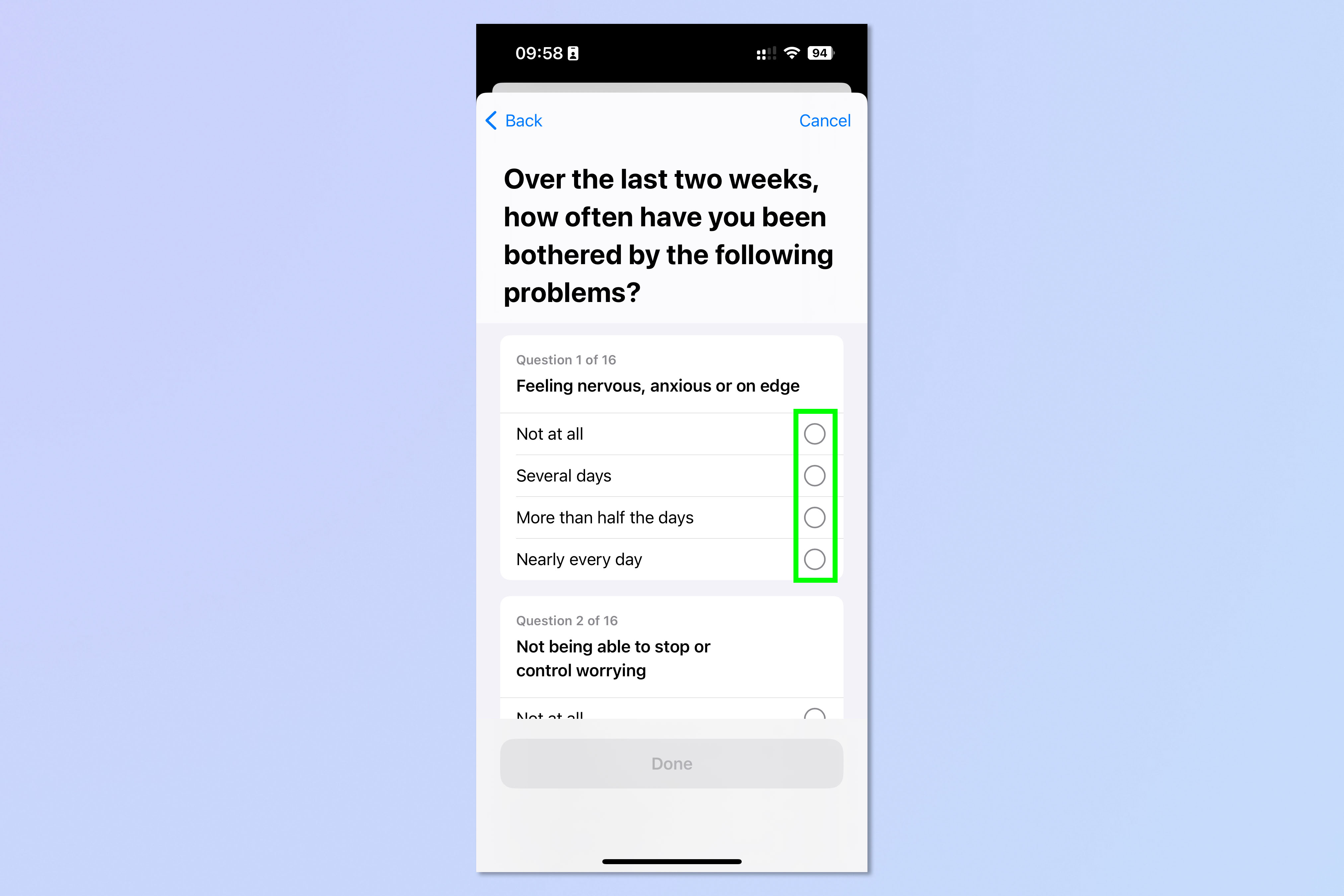 Скриншот, показывающий, как использовать анкету для iPhone по психическому здоровью.