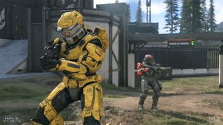 Halo Infinite update, a Spartan in yellow armor looks into the camera
