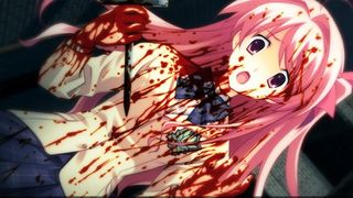An image of Chaos;Head Noah showing a pink-haired girl spattered with blood