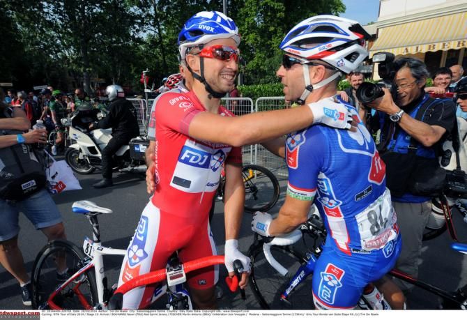Nacer Bouhanni and his FDJ teammate Laurent Pichon celebrate