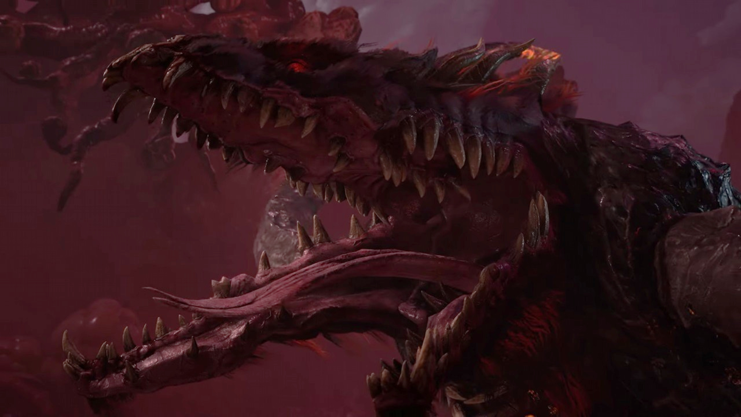 Diablo 4 boss loot tables - The Harbinger of Hatred with its mouth open, showing its many fangs and long tongue.