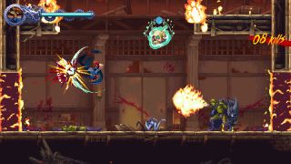 In-game screenshot of Kenji Mozu decimating demons in Ninja Gaiden: Ragebound