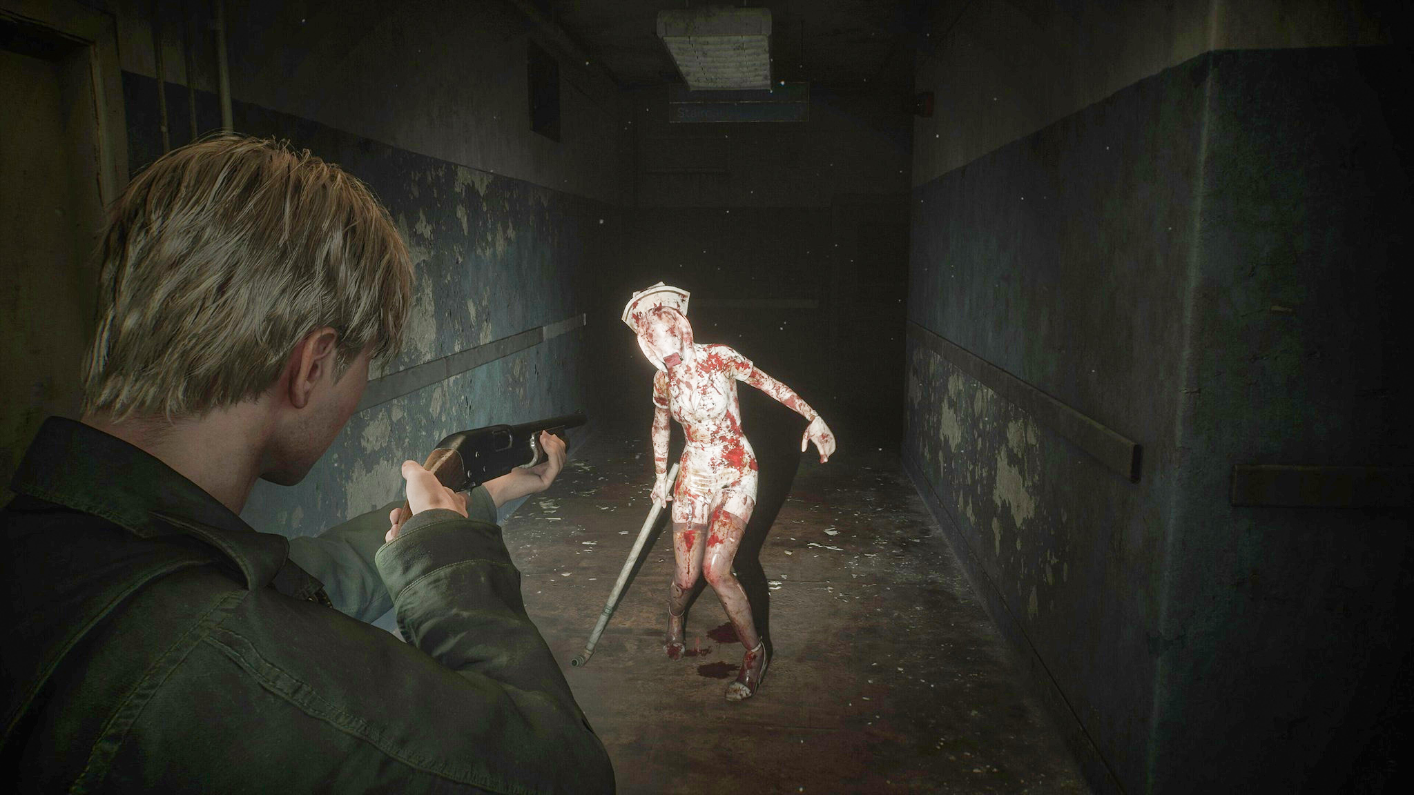 A bloody nurse monster walking down a dark hall carrying a pipe. A third-person man is pointing a gun at her.