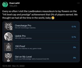 LawBreakers achievement screen showing 0% of players prestiged in the multiplayer game before it went under