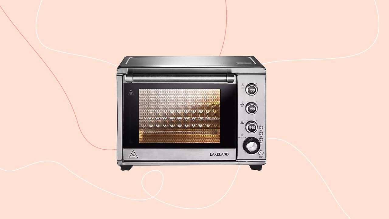 Lakeland Countertop Oven on Ideal Home pink graphic background