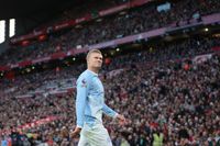 Erling Haaland of Manchester City celebrates his goal against Liverpool